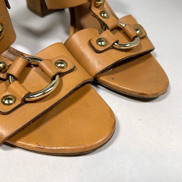 J Crew Equestrian Mid Block Heel Leather Sandals Womens 8 Tan - Picture 3 of 11